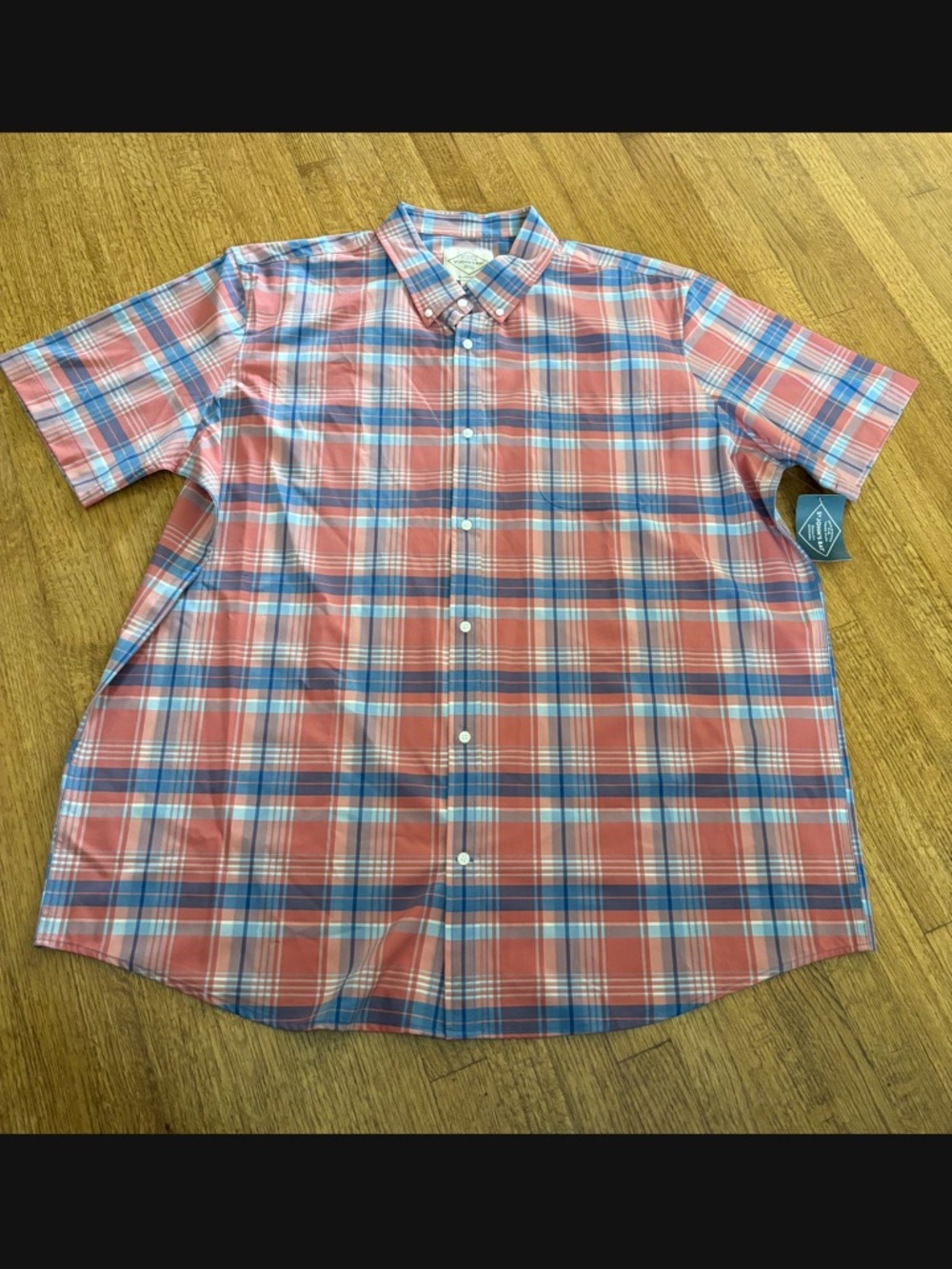 Mens St. John's Bay Coral and Blue Plaid Short-Sleeve Button-Down Shirt